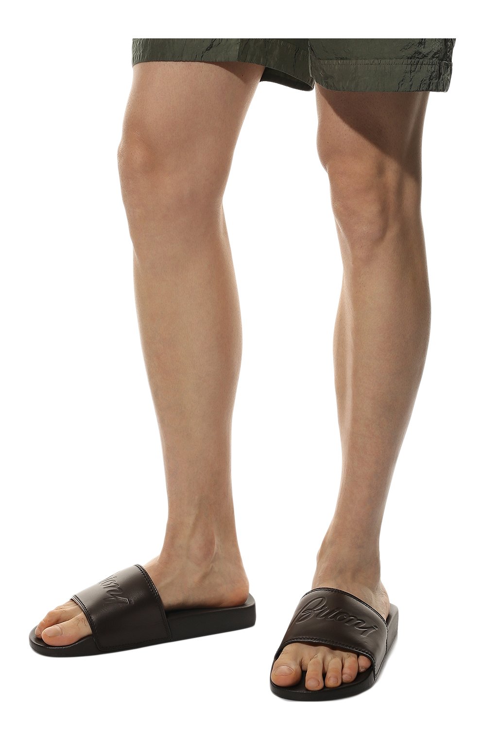 Мужские кожаные шлепанцы BRIONI темно-коричневого цвета, арт. QYQB0L/P1705 | Фото 3 (Материал внешний: Кожа; Материал внутренний: Натуральная кожа)
