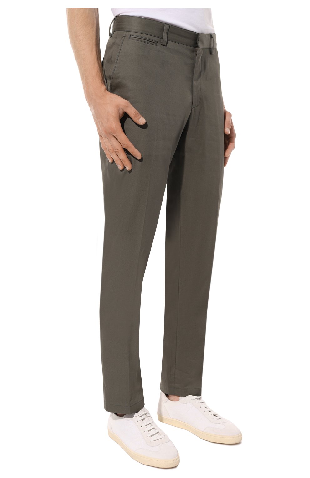 Мужские хлопковые брюки BRIONI серого цвета, арт. RPN40L/PZ048/AR0SA | Фото 3 (Силуэт М (брюки): Чиносы; Длина (брюки, джинсы): Стандартные; Случай: Повседневный; Материал внешний: Хлопок; Стили: Кэжуэл)