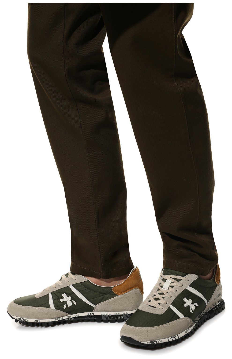 Мужские комбинированные кроссовки sean PREMIATA хаки цвета, арт. SEAN/VAR5728 | Фото 3 (Материал внешний: Текстиль, Кожа; Материал внутренний: Натуральная кожа; Стили: Классический; Материал утеплителя: Без утеплителя)