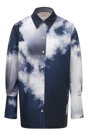 Женская хлопковая рубашка ALEXANDER MCQUEEN синего цвета по цене 79550 руб., арт. 659309/QDAET | Фото 1 Женская хлопковая рубашка ALEXANDER MCQUEEN синего цвета, арт. 659309/QDAET | Фото 1 (Рукава: Длинные; Длина (для топов): Удлиненные; Материал внешний: Хлопок; Женское Кросс-КТ: Рубашка-одежда; Принт: С принтом; Стили: Гранж)