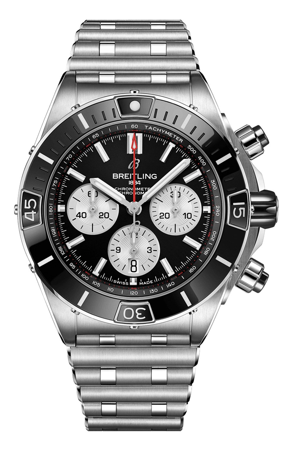 Мужские часы super chronomat b01 44 BREITLING бесцветного цвета, арт. AB0136251B1A1 | Фото 1 (Механизм: Автомат; Материал корпуса: Сталь; Цвет циферблата: Чёрный)