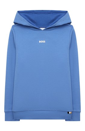Детский хлопковое худи BOSS синего цвета, арт. J25N73 | Фото 1 (Материал внешний: Хлопок; Рукава: Длинные; Мальчики Кросс-КТ: Худи-одежда)