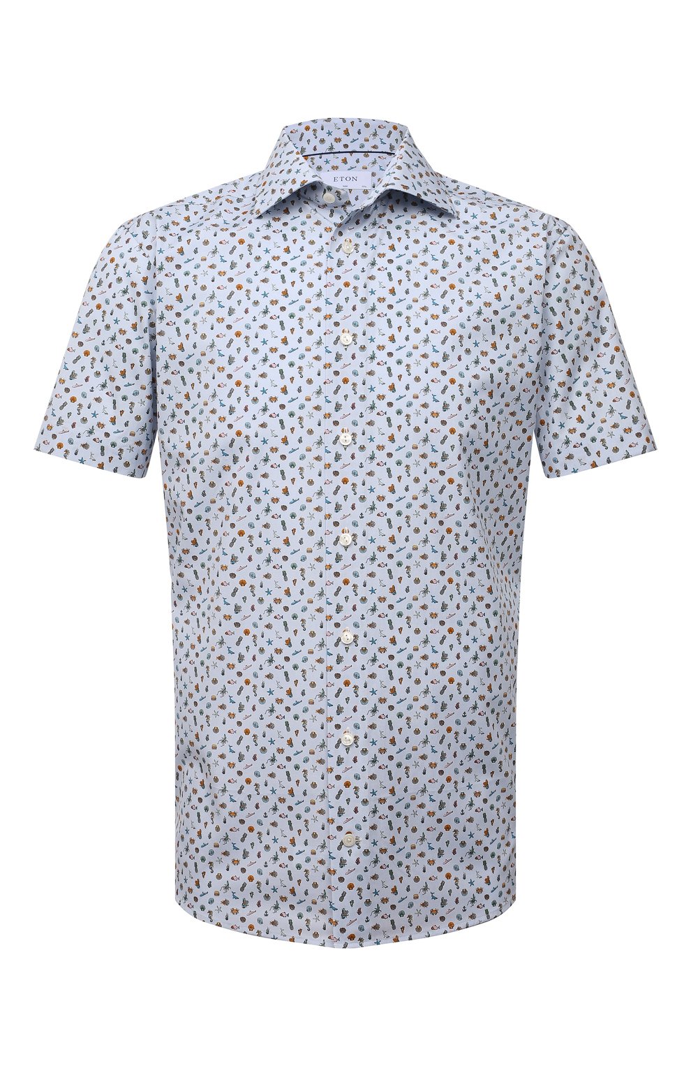 Мужская хлопковая рубашка ETON голубого цвета, арт. 1000 03305 | Фото 1 (Воротник: Акула; Рукава: Короткие; Случай: Повседневный; Длина (для топов): Стандартные; Принт: С принтом; Рубашки М: Slim Fit; Материал внешний: Хлопок; Стили: Кэжуэл)
