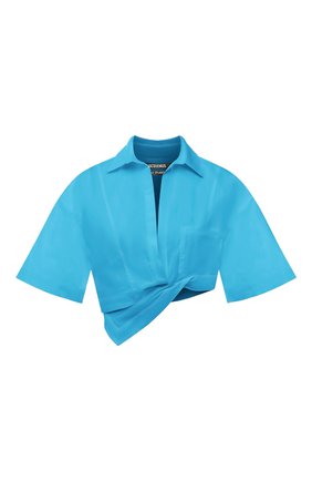 Женская хлопковая рубашка JACQUEMUS бирюзового цвета, арт. 211SH008-1012 | Фото 1 (Длина (для топов): Укороченные; Материал внешний: Хлопок; Стили: Романтичный; Принт: Без принта; Женское Кросс-КТ: Рубашка-одежда; Рукава: Короткие)