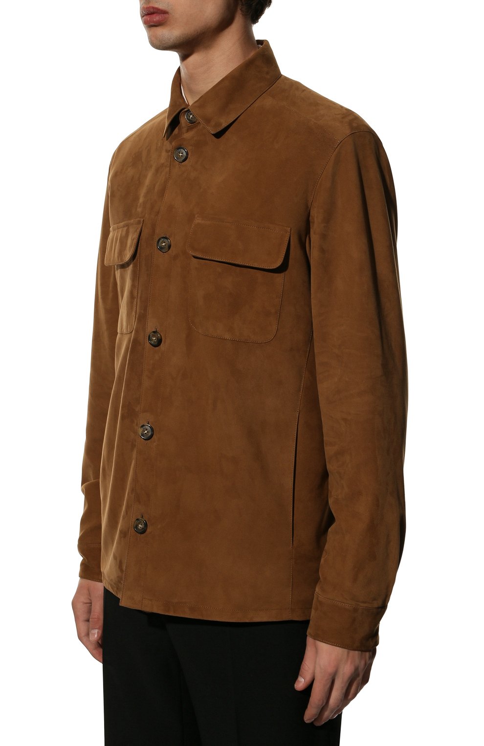Мужская замшевая куртка-рубашка LORO PIANA светло-коричневого цвета, арт. FAL6174 | Фото 3 (Кросс-КТ: Куртка; Материал внешний: Замша, Натуральная кожа; Рукава: Длинные; Мужское Кросс-КТ: Кожа и замша; Длина (верхняя одежда): Короткие; Материал подклада: Хлопок; Стили: Кэжуэл)