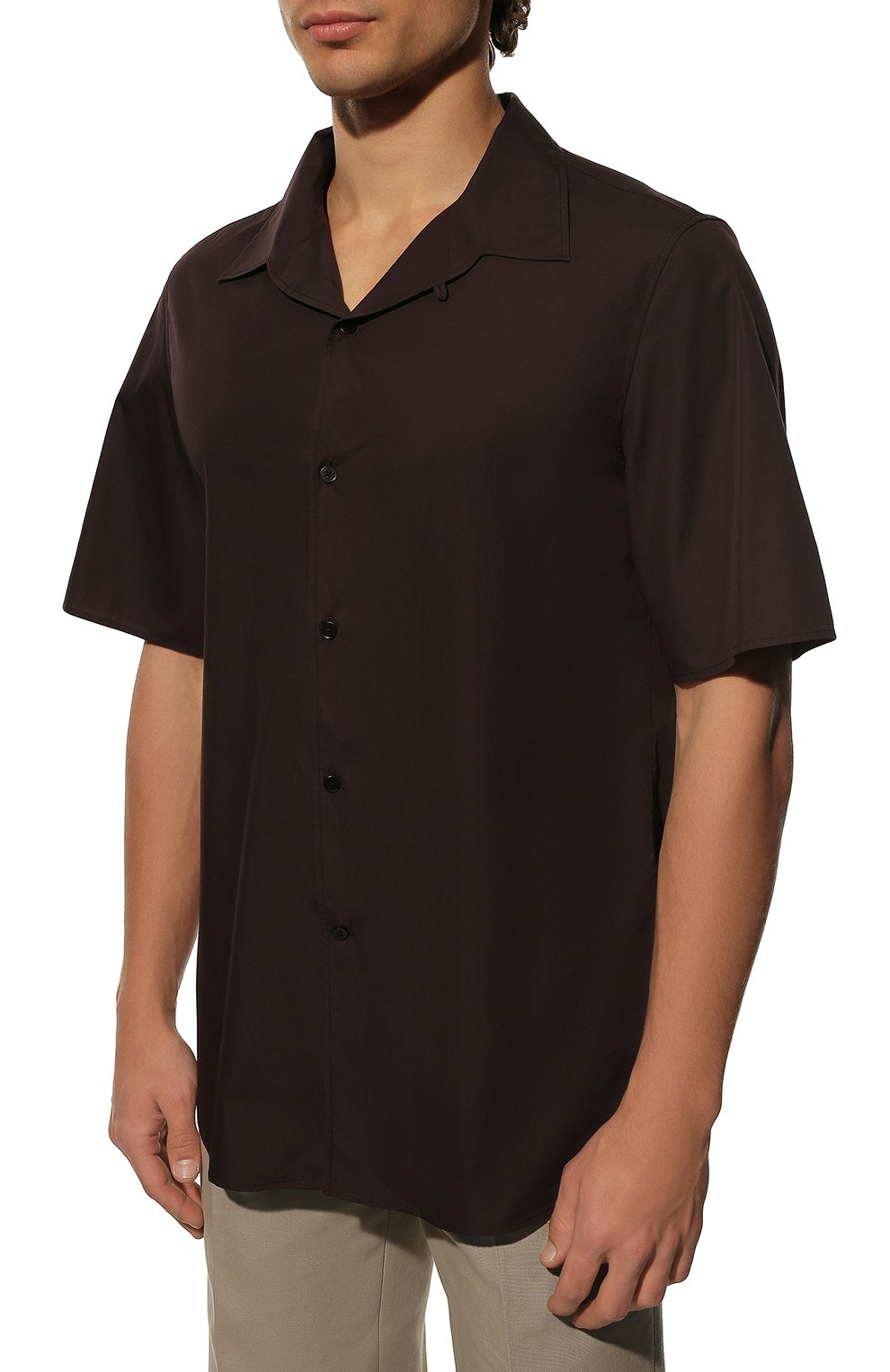 Мужская хлопковая рубашка THE ROW темно-коричневого цвета, арт. 328W2043 | Фото 3 (Рукава: Короткие; Случай: Повседневный; Длина (для топов): Стандартные; Материал внешний: Хлопок; Принт: Однотонные; Воротник: Отложной; Стили: Минимализм)