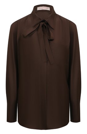 Женская шелковая рубашка VALENTINO коричневого цвета, арт. XB0AB3L1745 | Фото 1 (Длина (для топов): Удлиненные; Рукава: Длинные; Материал внешний: Шелк; Женское Кросс-КТ: Рубашка-одежда; Стили: Кэжуэл; Принт: Без принта)