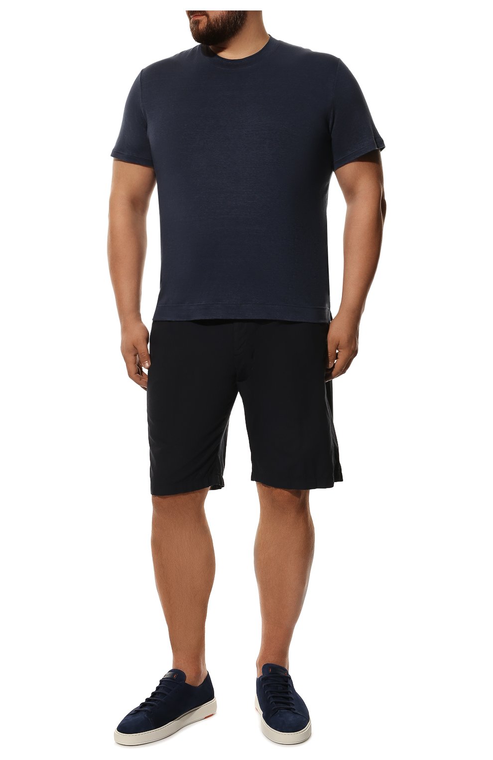 Мужская льняная футболка FEDELI темно-синего цвета, арт. 5UED0151 | Фото 2 (Принт: Без принта; Рукава: Короткие; Длина (для топов): Стандартные; Материал внешний: Лен; Стили: Кэжуэл)