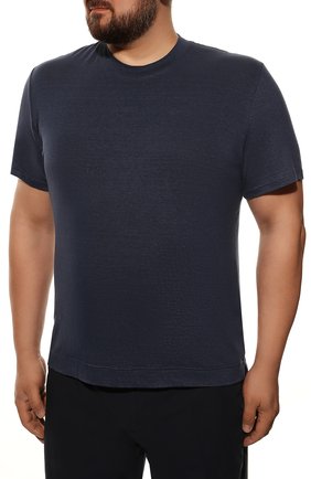 Мужская льняная футболка FEDELI темно-синего цвета, арт. 5UED0151 | Фото 3 (Принт: Без принта; Рукава: Короткие; Длина (для топов): Стандартные; Материал внешний: Лен; Стили: Кэжуэл)
