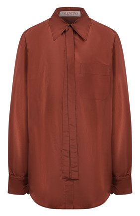 Женская шелковая рубашка VALENTINO светло-коричневого цвета, арт. XB0AB3K0745 | Фото 1 (Длина (для топов): Удлиненные; Рукава: Длинные; Материал внешний: Шелк; Стили: Романтичный; Принт: Без принта; Женское Кросс-КТ: Рубашка-одежда)