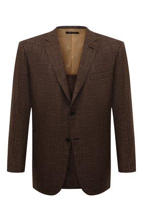 Мужской пиджак из шерсти и шелка BRIONI темно-коричневого цвета, арт. RG0J0P/P1A77/BRUNIC0 | Фото 1 (Материал внешний: Шерсть; Длина (для топов): Стандартные; Рукава: Длинные; Материал подклада: Купро; Пиджаки М: Приталенный; 1-2-бортные: Однобортные; Случай: Повседневный; Стили: Кэжуэл)