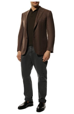 Мужской пиджак из шерсти и шелка BRIONI темно-коричневого цвета, арт. RG0J0P/P1A77/BRUNIC0 | Фото 2 (Материал внешний: Шерсть; Длина (для топов): Стандартные; Рукава: Длинные; Материал подклада: Купро; Пиджаки М: Приталенный; 1-2-бортные: Однобортные; Случай: Повседневный; Стили: Кэжуэл)