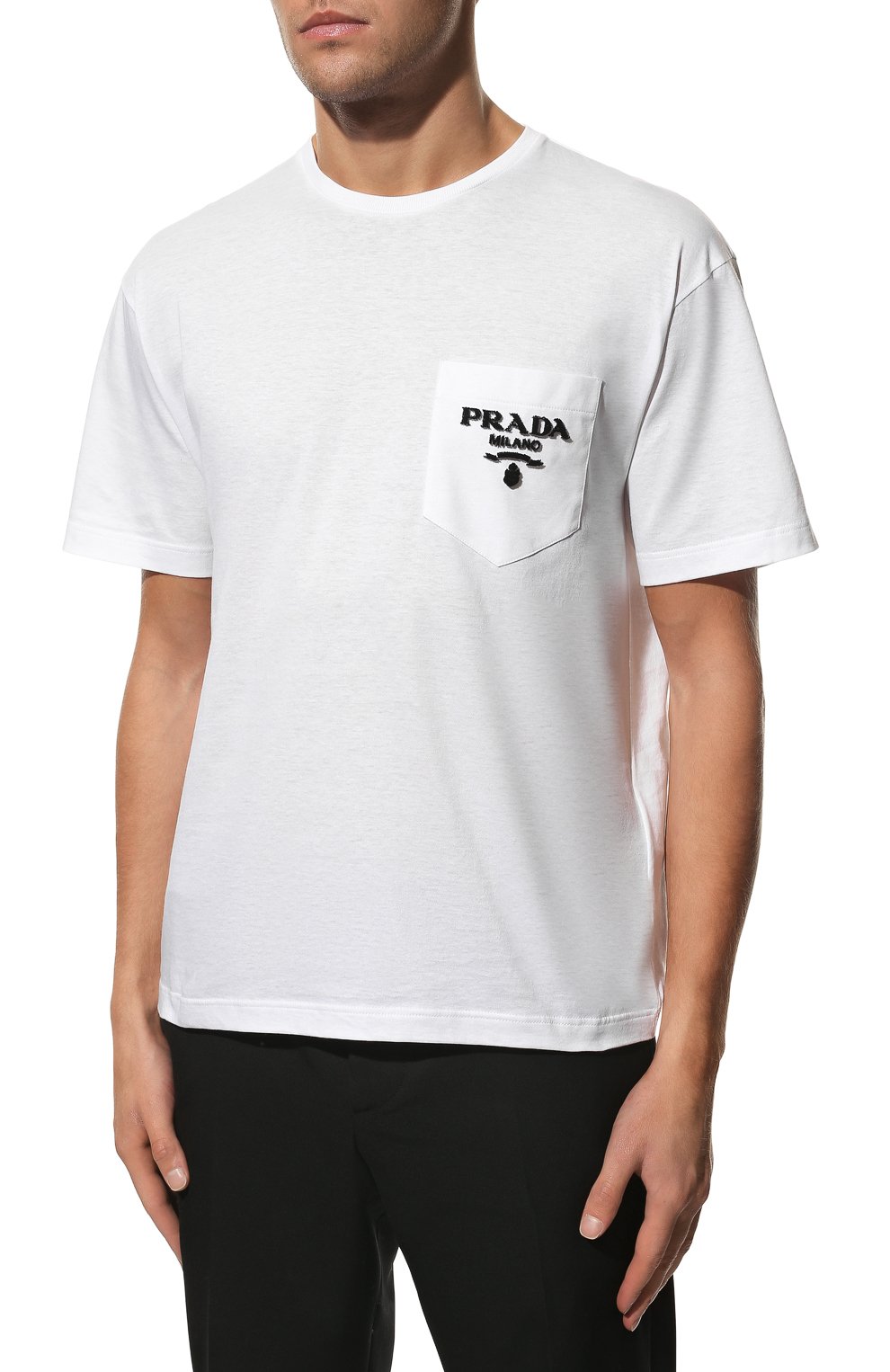Мужская хлопковая футболка PRADA белого цвета, арт. UJN787-1Z53-F0009-221 | Фото 3 (Принт: Без принта; Рукава: Короткие; Длина (для топов): Стандартные; Материал внешний: Хлопок; Стили: Кэжуэл)