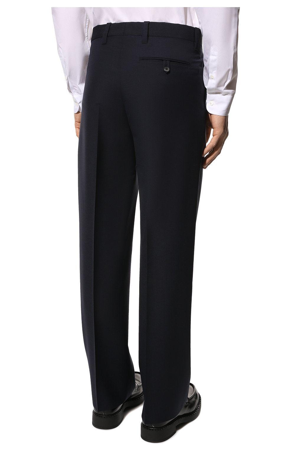 Мужские шерстяные брюки PRADA темно-синего цвета, арт. UP0178-1P3Z-F0008-221 | Фото 4 (Материал внешний: Шерсть; Длина (брюки, джинсы): Стандартные; Случай: Повседневный; Стили: Классический)