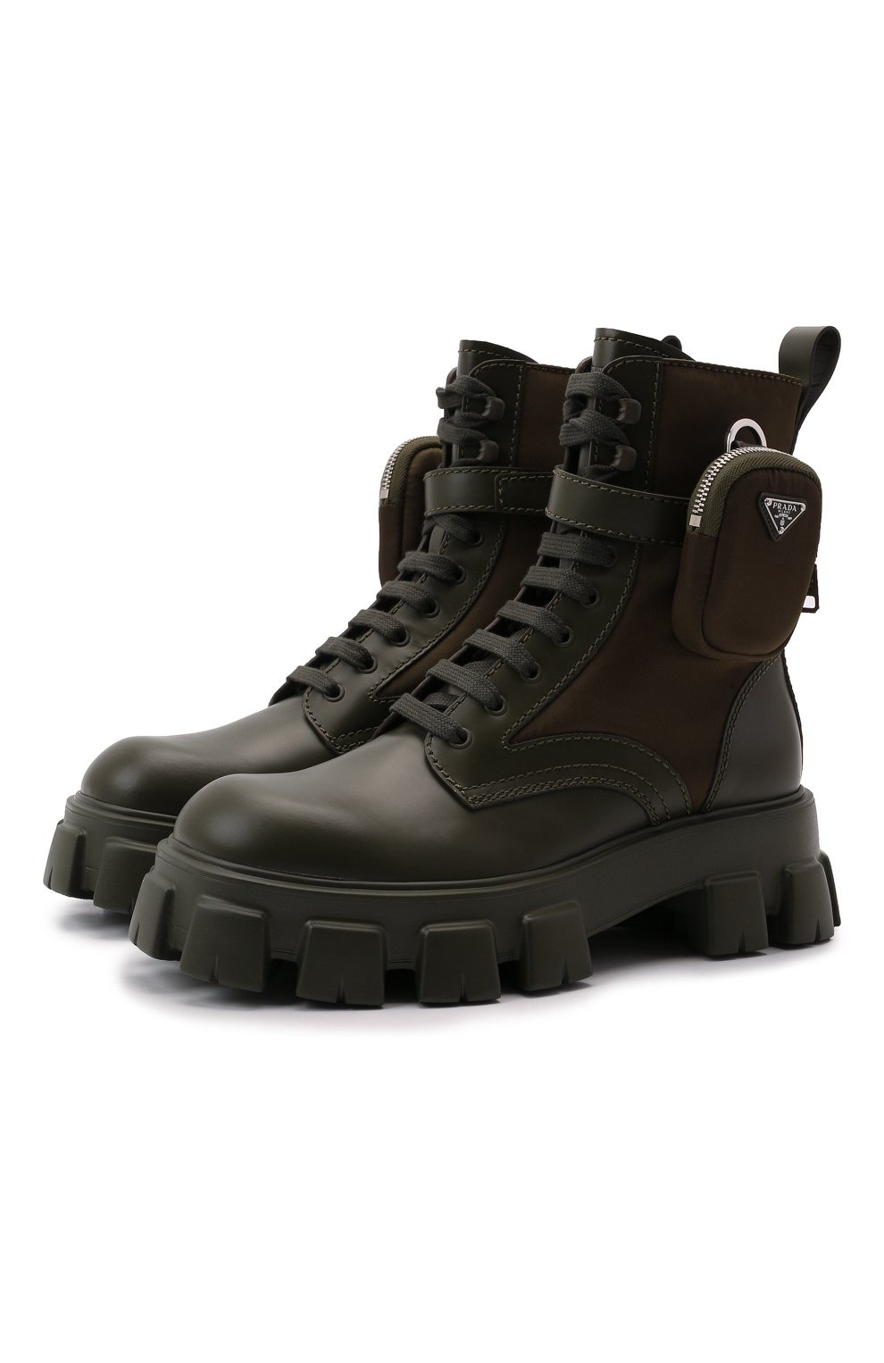Мужские комбинированные ботинки monolith PRADA хаки цвета, арт. 2UE007-3LFR-F0161-D002 | Фото 1 (Материал внешний: Кожа; Мужское Кросс-КТ: Ботинки-обувь, Байкеры-обувь; Материал утеплителя: Без утеплителя)