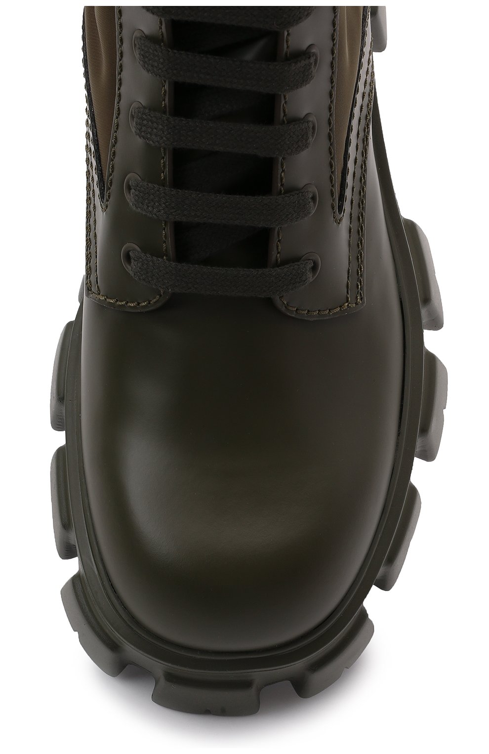 Мужские комбинированные ботинки monolith PRADA хаки цвета, арт. 2UE007-3LFR-F0161-D002 | Фото 6 (Материал внешний: Кожа; Мужское Кросс-КТ: Ботинки-обувь, Байкеры-обувь; Материал утеплителя: Без утеплителя)