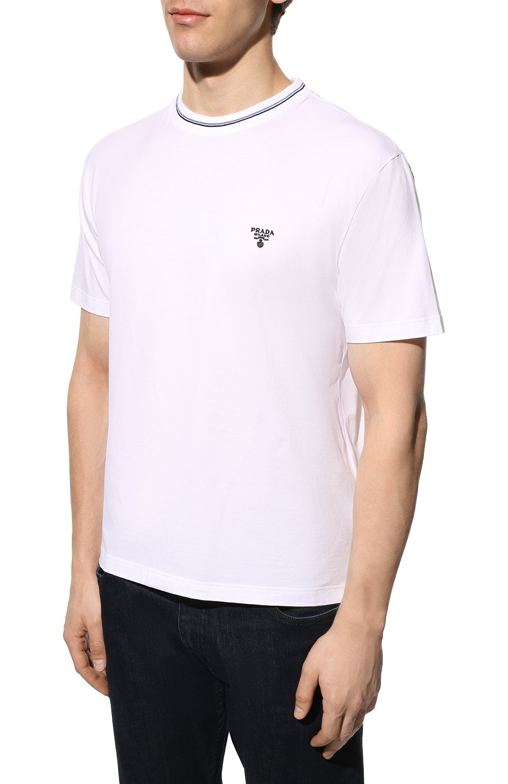 Мужская хлопковая футболка PRADA белого цвета, арт. UJN797-710-F0009-221 | Фото 3 (Принт: Без принта; Рукава: Короткие; Длина (для топов): Стандартные; Материал внешний: Хлопок; Стили: Кэжуэл)