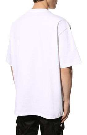 Мужская хлопковая футболка PRADA белого цвета, арт. UJN807-10UP-F0009-221 | Фото 4 (Принт: Без принта; Рукава: Короткие; Длина (для топов): Удлиненные; Материал внешний: Хлопок; Стили: Кэжуэл)