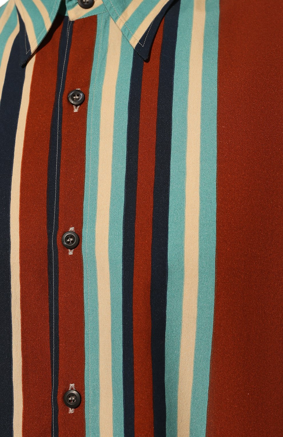 Мужская хлопковая рубашка PRADA разноцветного цвета, арт. SC568-10EN-F0046-221 | Фото 5 (Воротник: Кент; Рукава: Длинные; Манжеты: На кнопках; Случай: Повседневный; Принт: Полоска; Длина (для топов): Стандартные; Материал внешний: Хлопок; Стили: Кэжуэл)