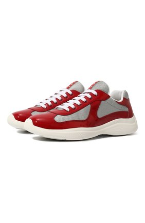 Мужские комбинированные кроссовки PRADA красного цвета, арт. 4E3400-ASZ-F0F5C | Фото 1 (Материал внешний: Кожа; Материал утеплителя: Без утеплителя; Стили: Классический)