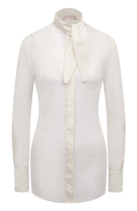 Женская шелковая блузка VALENTINO молочного цвета, арт. XB0AB3J5745 | Фото 1 (Рукава: Длинные; Длина (для топов): Удлиненные; Материал внешний: Шелк; Женское Кросс-КТ: Блуза-одежда; Принт: Без принта; Стили: Кэжуэл)