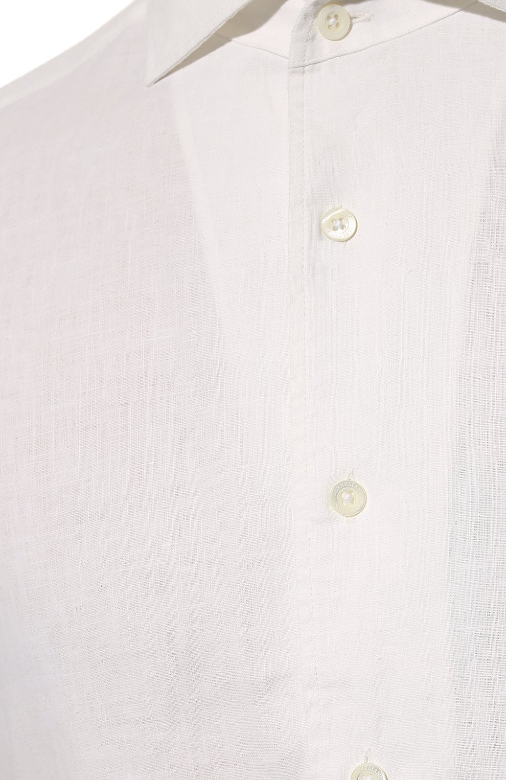 Мужская льняная рубашка CORNELIANI белого цвета, арт. 89I126-2111912/00 | Фото 5 (Рубашки М: Regular Fit; Воротник: Акула; Рукава: Короткие; Случай: Повседневный; Длина (для топов): Стандартные; Материал внешний: Лен; Принт: Однотонные; Стили: Кэжуэл)