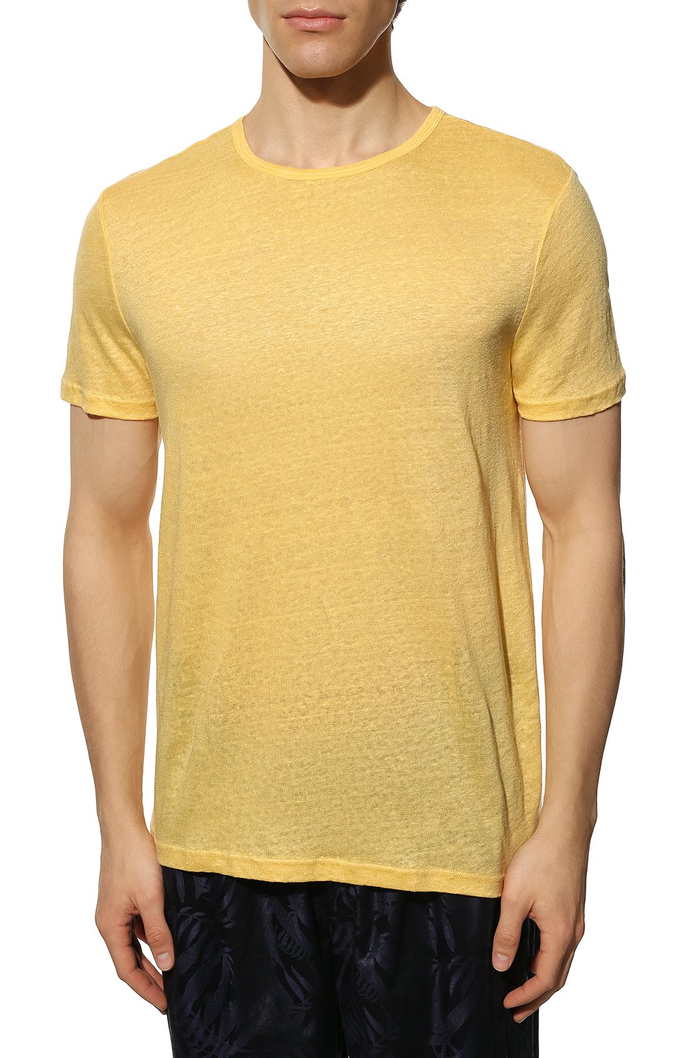 Мужская льняная футболка DEREK ROSE желтого цвета, арт. 3163-J0RD003 | Фото 3 (Кросс-КТ: домашняя одежда; Рукава: Короткие; Длина (для топов): Стандартные; Материал внешний: Лен)