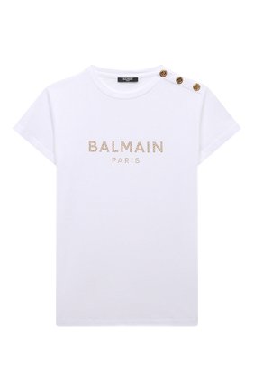Детская хлопковая футболка BALMAIN белого цвета по цене 23150 руб., арт. 6Q8211 | Фото 1 Детская хлопковая футболка BALMAIN белого цвета, арт. 6Q8211 | Фото 1 (Рукава: Короткие; Материал внешний: Хлопок; Ростовка одежда: 10 - 11 лет | 140 - 146см, 12 лет | 152 см, 13 - 15 лет | 158 см, 16 лет | 164 см, 8 лет | 128 см)