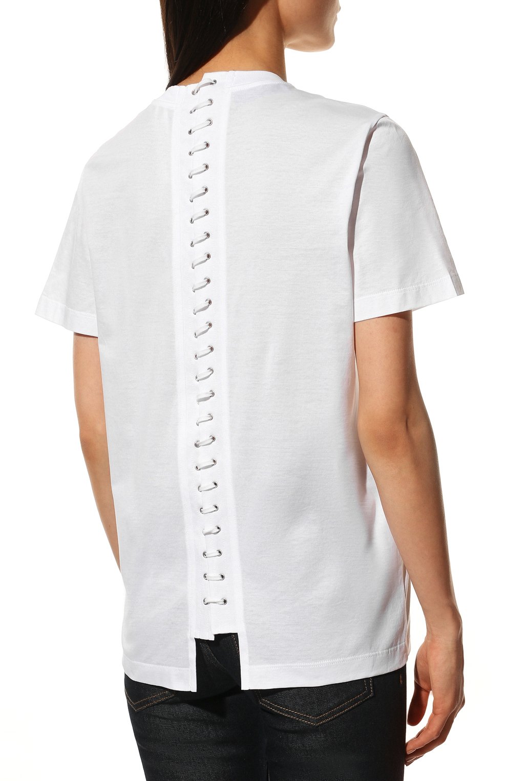 Женская хлопковая футболка PRADA белого цвета, арт. 3593A-ILK-F0009-221 | Фото 4 (Принт: Без принта; Рукава: Короткие; Длина (для топов): Стандартные; Материал внешний: Хлопок; Женское Кросс-КТ: Футболка-одежда; Стили: Кэжуэл)
