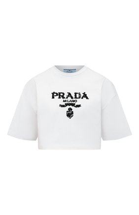 Женская хлопковая футболка PRADA белого цвета по цене 99000 руб., арт. 3560AR-103H-F0009-212 | Фото 1