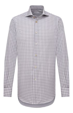 Мужская хлопковая рубашка KITON светло-серого цвета по цене 83050 руб., арт. UCCH0660306 | Фото 1 Мужская хлопковая рубашка KITON светло-серого цвета, арт. UCCH0660306 | Фото 1 (Длина (для топов): Стандартные; Рукава: Длинные; Материал внешний: Хлопок; Случай: Повседневный; Воротник: Акула; Принт: Клетка; Стили: Кэжуэл; Рубашки М: Regular Fit; Манжеты: На пуговицах)