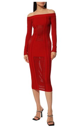 Женское платье из вискозы BALMAIN красного цвета, арт. XF0RL113/KB60 | Фото 2 (Длина Ж (юбки, платья, шорты): Миди; Материал внешний: Вискоза; Стили: Гламурный; Случай: Вечерний; Женское Кросс-КТ: Платье-одежда; Рукава: Длинные; Кросс-КТ: Трикотаж)