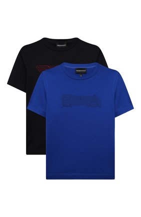 Детская комплект из двух футболок EMPORIO ARMANI синего цвета по цене 17050 руб., арт. 3L4DJ2/1JUVZ | Фото 1 Детская комплект из двух футболок EMPORIO ARMANI синего цвета, арт. 3L4DJ2/1JUVZ | Фото 1 (Материал внешний: Лиоцелл, Хлопок, Растительное волокно; Рукава: Короткие)