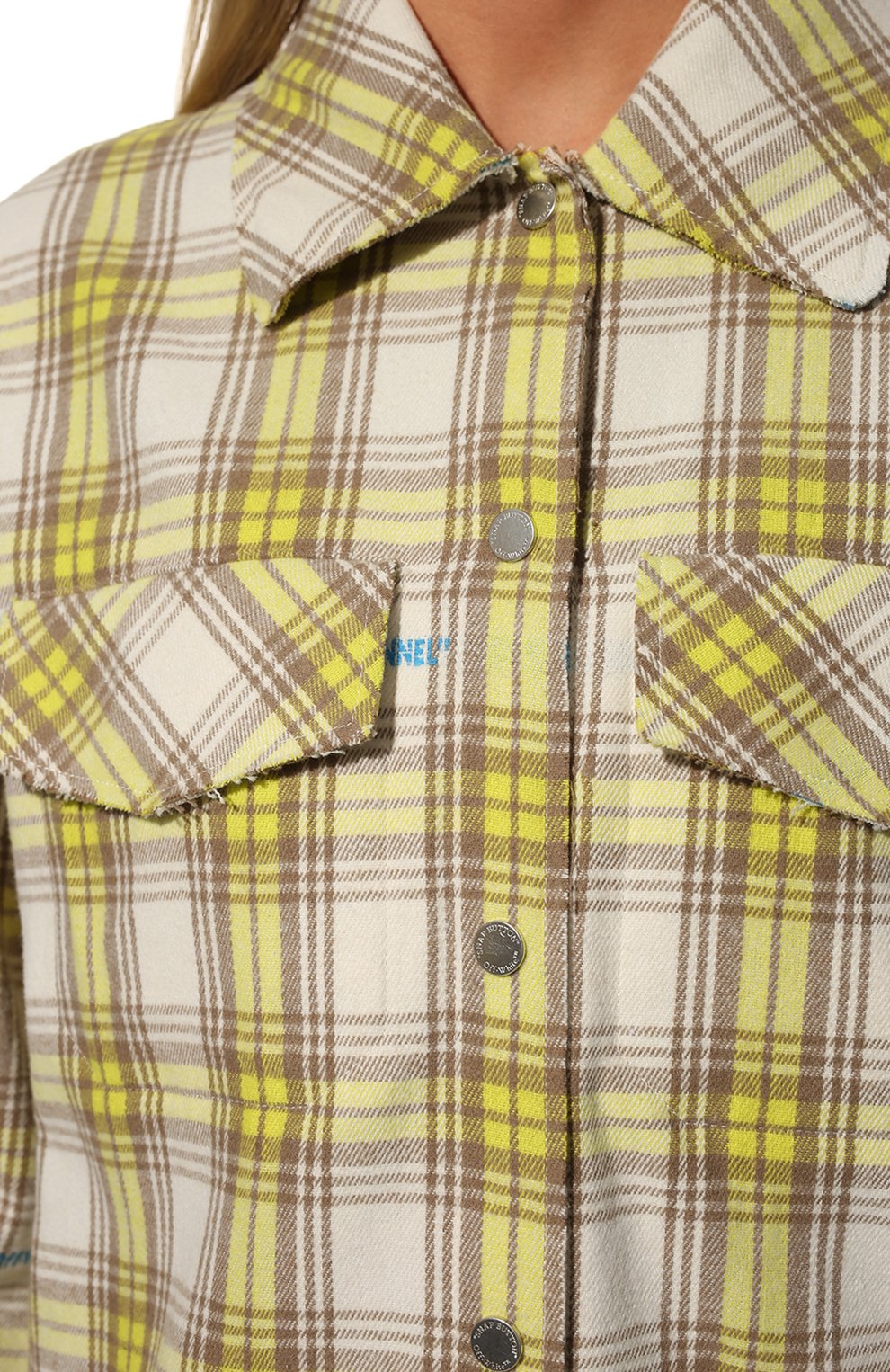 Женская хлопковая рубашка OFF-WHITE желтого цвета, арт. 0WEA261S22FAB001 | Фото 5 (Принт: Клетка, С принтом; Рукава: Длинные; Женское Кросс-КТ: Рубашка-одежда; Стили: Гранж; Длина (для топов): Удлиненные; Материал внешний: Хлопок)
