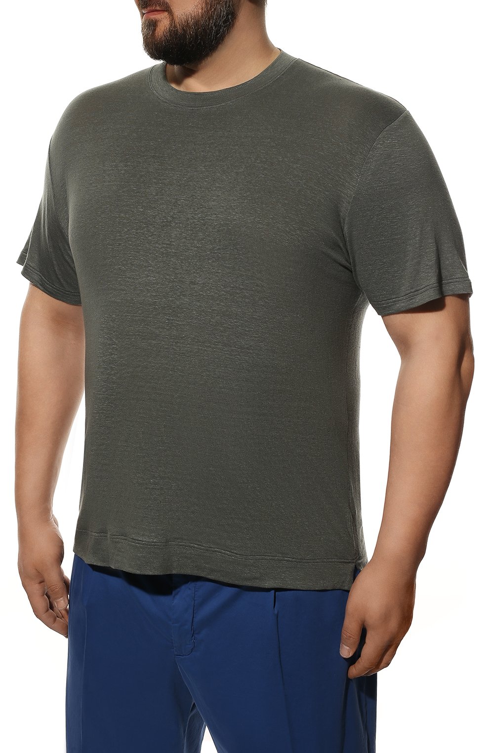 Мужская льняная футболка FEDELI хаки цвета, арт. 5UED0151 | Фото 3 (Принт: Без принта; Рукава: Короткие; Длина (для топов): Стандартные; Материал внешний: Лен; Стили: Кэжуэл)