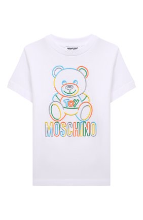 Детская хлопковая футболка MOSCHINO белого цвета по цене 12100 руб., арт. HUM03F/LAA17/4A-8A | Фото 1 Детская хлопковая футболка MOSCHINO белого цвета, арт. HUM03F/LAA17/4A-8A | Фото 1 (Рукава: Короткие; Материал внешний: Хлопок; Девочки Кросс-КТ: футболка-одежда; Ростовка одежда: 4 года | 104 см, 5 лет | 110 см, 6 лет | 116 см, 8 лет | 128 см)