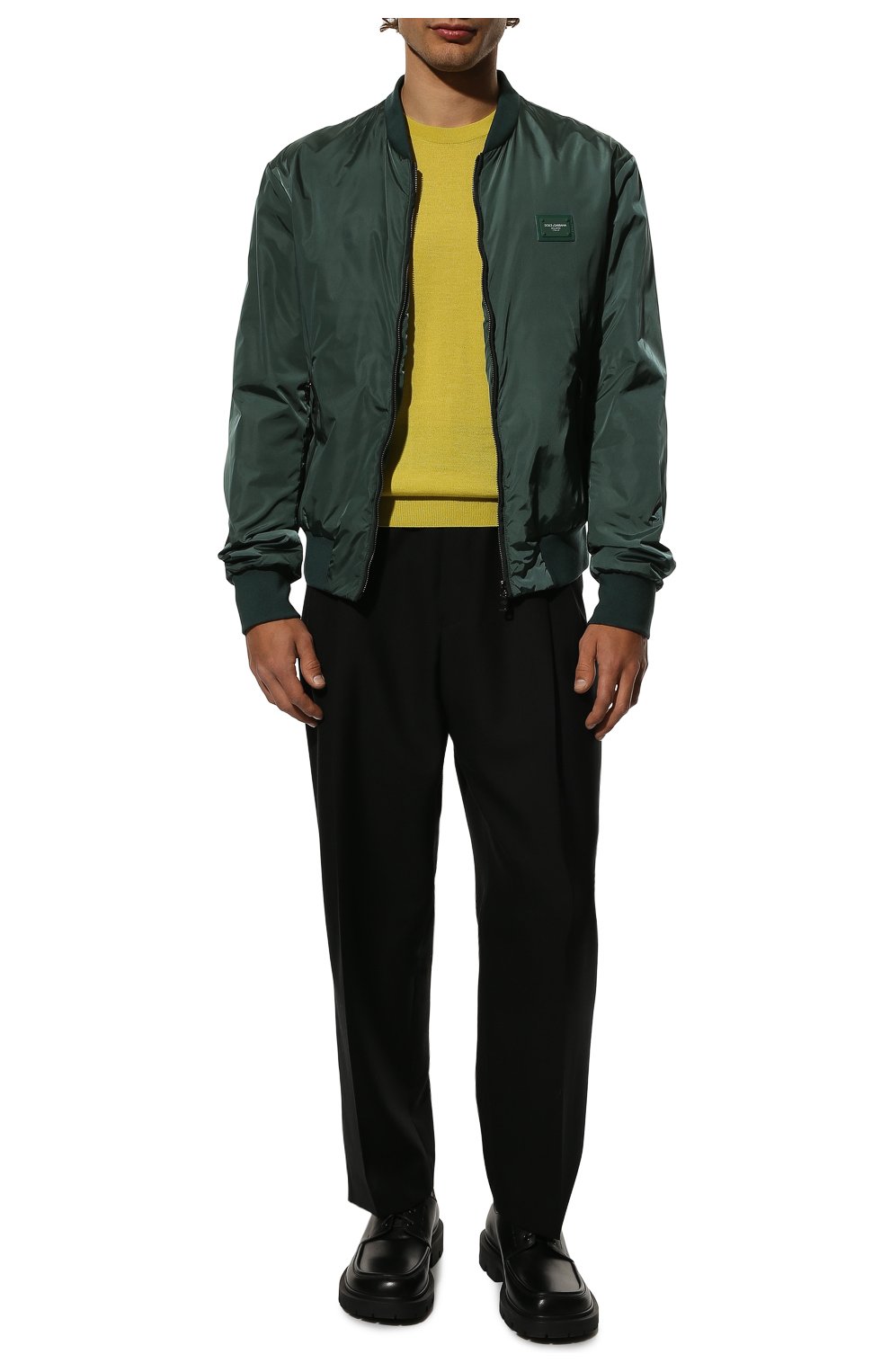 Мужской утепленный бомбер DOLCE & GABBANA темно-зеленого цвета, арт. G90W1T/FUMQG | Фото 2 (Кросс-КТ: Куртка; Рукава: Длинные; Принт: Без принта; Материал внешний: Синтетический материал; Мужское Кросс-КТ: утепленные куртки; Материал подклада: Синтетический материал; Длина (верхняя одежда): Короткие; Стили: Кэжуэл)