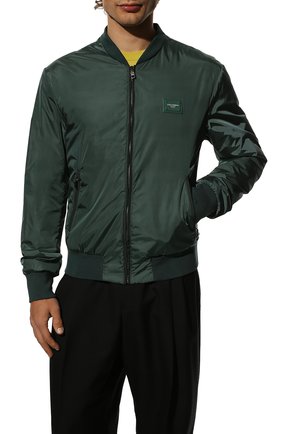 Мужской утепленный бомбер DOLCE & GABBANA темно-зеленого цвета, арт. G90W1T/FUMQG | Фото 3 (Кросс-КТ: Куртка; Рукава: Длинные; Принт: Без принта; Материал внешний: Синтетический материал; Мужское Кросс-КТ: утепленные куртки; Материал подклада: Синтетический материал; Длина (верхняя одежда): Короткие; Стили: Кэжуэл)