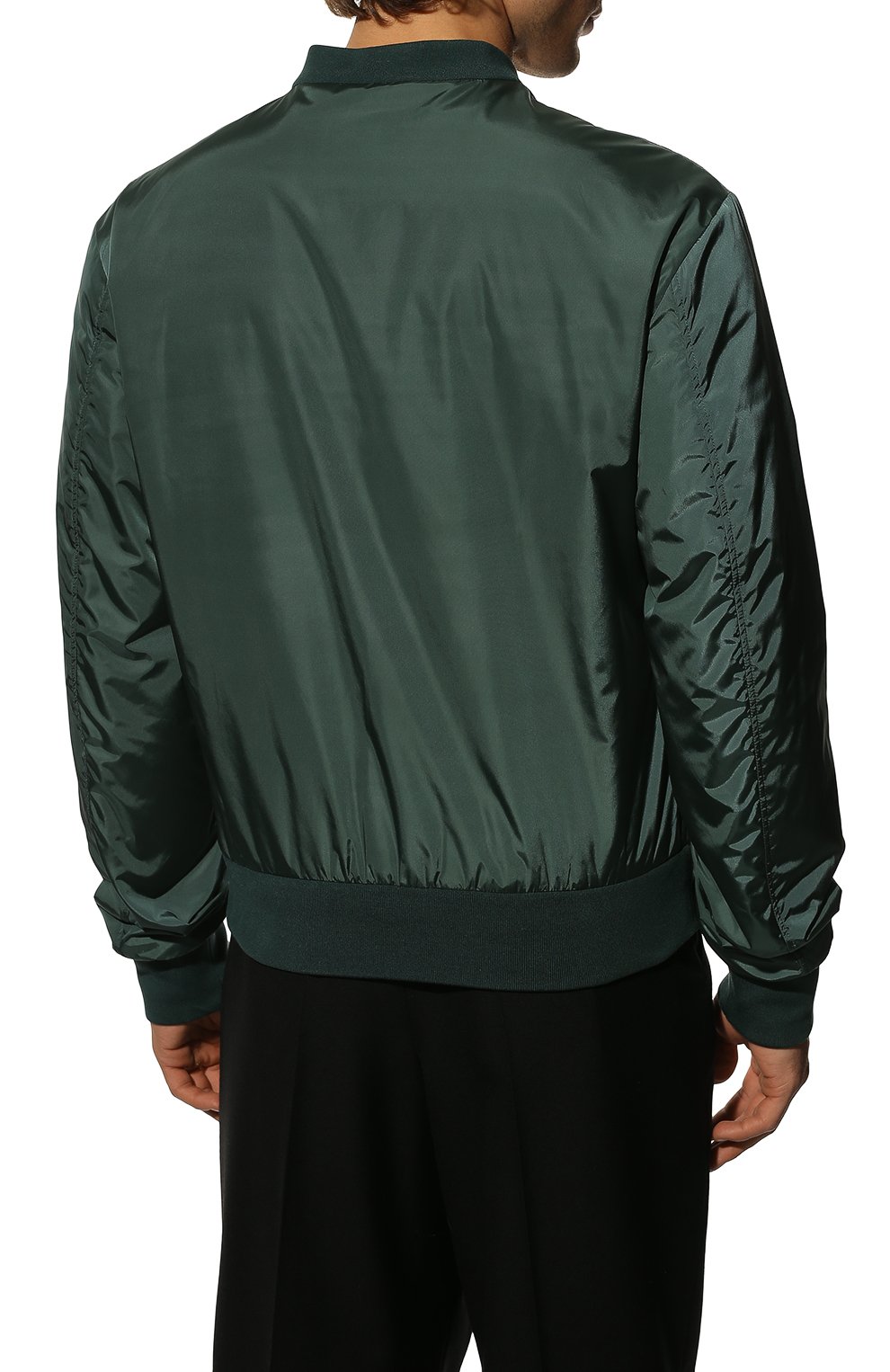 Мужской утепленный бомбер DOLCE & GABBANA темно-зеленого цвета, арт. G90W1T/FUMQG | Фото 4 (Кросс-КТ: Куртка; Рукава: Длинные; Принт: Без принта; Материал внешний: Синтетический материал; Мужское Кросс-КТ: утепленные куртки; Материал подклада: Синтетический материал; Длина (верхняя одежда): Короткие; Стили: Кэжуэл)