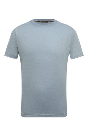 Мужская льняная футболка LORO PIANA голубого цвета, арт. FAL5748 | Фото 1 (Рукава: Короткие; Материал внешний: Лен; Длина (для топов): Стандартные; Принт: Без принта; Стили: Кэжуэл)