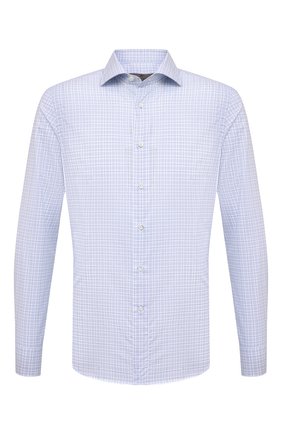 Мужская хлопковая рубашка CANALI голубого цвета по цене 29600 руб., арт. NX58/GR02517 | Фото 1 Мужская хлопковая рубашка CANALI голубого цвета, арт. NX58/GR02517 | Фото 1 (Длина (для топов): Стандартные; Рукава: Длинные; Материал внешний: Хлопок; Случай: Повседневный; Принт: Клетка; Воротник: Акула; Рубашки М: Slim Fit; Стили: Кэжуэл)