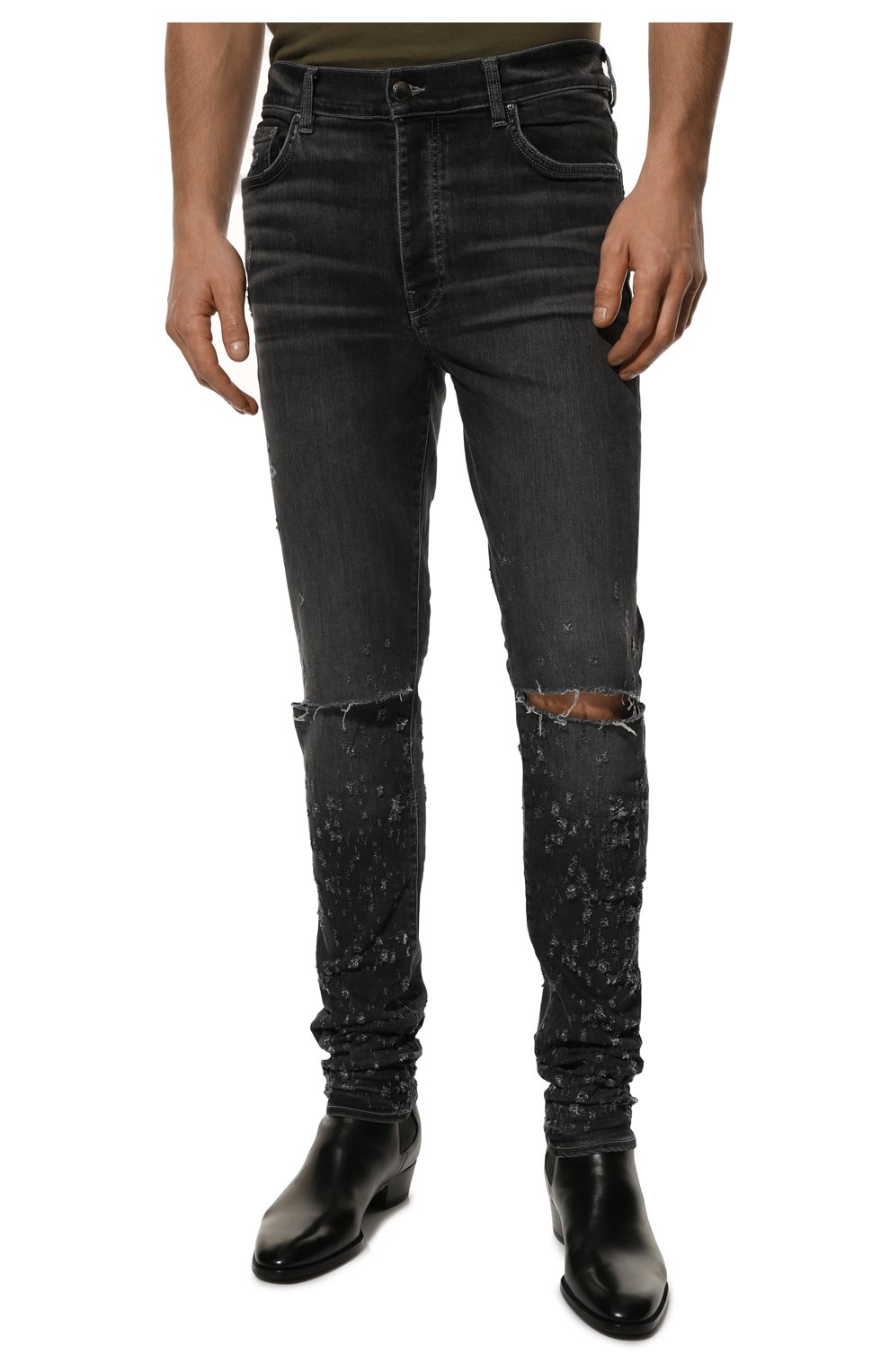 Мужские джинсы AMIRI темно-серого цвета, арт. PS22MDS144-030 | Фото 3 (Силуэт М (брюки): Узкие; Кросс-КТ: Деним; Длина (брюки, джинсы): Стандартные; Стили: Гранж; Материал внешний: Хлопок, Деним; Детали: Потертости)