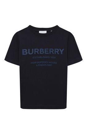 Детская хлопковая футболка BURBERRY темно-синего цвета, арт. 8051433 | Фото 1 (Материал внешний: Хлопок; Рукава: Короткие; Мальчики Кросс-КТ: Футболка-одежда; Мальчики-школьная форма: Футболки)