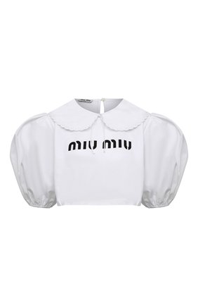 Женская хлопковая футболка MIU MIU белого цвета, арт. MJN350-10OM-F0009 | Фото 1 (Рукава: 3/4; Материал внешний: Хлопок; Длина (для топов): Укороченные; Женское Кросс-КТ: Футболка-одежда; Принт: С принтом; Стили: Бохо)