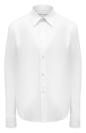 Женская хлопковая рубашка BOTTEGA VENETA белого цвета, арт. 679297/VKIX0 | Фото 1 (Материал внешний: Хлопок; Рукава: Длинные; Длина (для топов): Стандартные; Стили: Кэжуэл, Классический; Принт: Без принта; Женское Кросс-КТ: Рубашка-одежда)