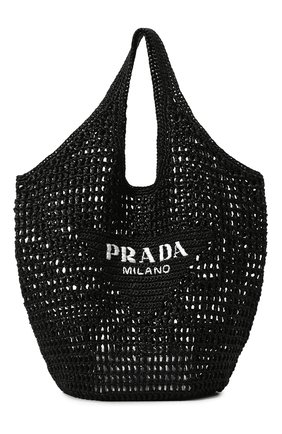 Женский сумка-тоут PRADA черного цвета, арт. 1BG424-2A2T-F0002-OOO | Фото 1 (Материал: Растительное волокно, Натуральная кожа; Размер: large; Сумки-технические: Сумки-шопперы)