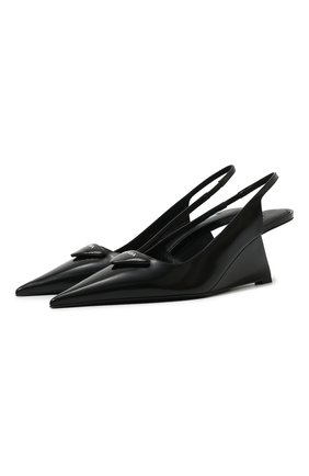 Женские кожаные туфли PRADA черного цвета, арт. 1I885M-055-F0002-A065 | Фото 1 (Материал внешний: Кожа; Каблук тип: Танкетка; Каблук высота: Высокий; Подошва: Плоская)