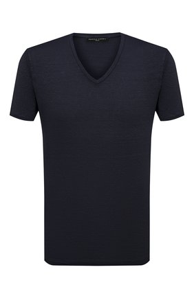 Мужская льняная футболка DANIELE FIESOLI темно-синего цвета, арт. DF 1161 | Фото 1 (Принт: Без принта; Рукава: Короткие; Длина (для топов): Стандартные; Материал внешний: Лен; Стили: Кэжуэл)