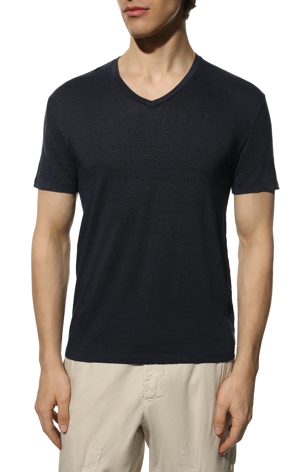 Мужская льняная футболка DANIELE FIESOLI темно-синего цвета, арт. DF 1161 | Фото 3 (Принт: Без принта; Рукава: Короткие; Длина (для топов): Стандартные; Материал внешний: Лен; Стили: Кэжуэл)