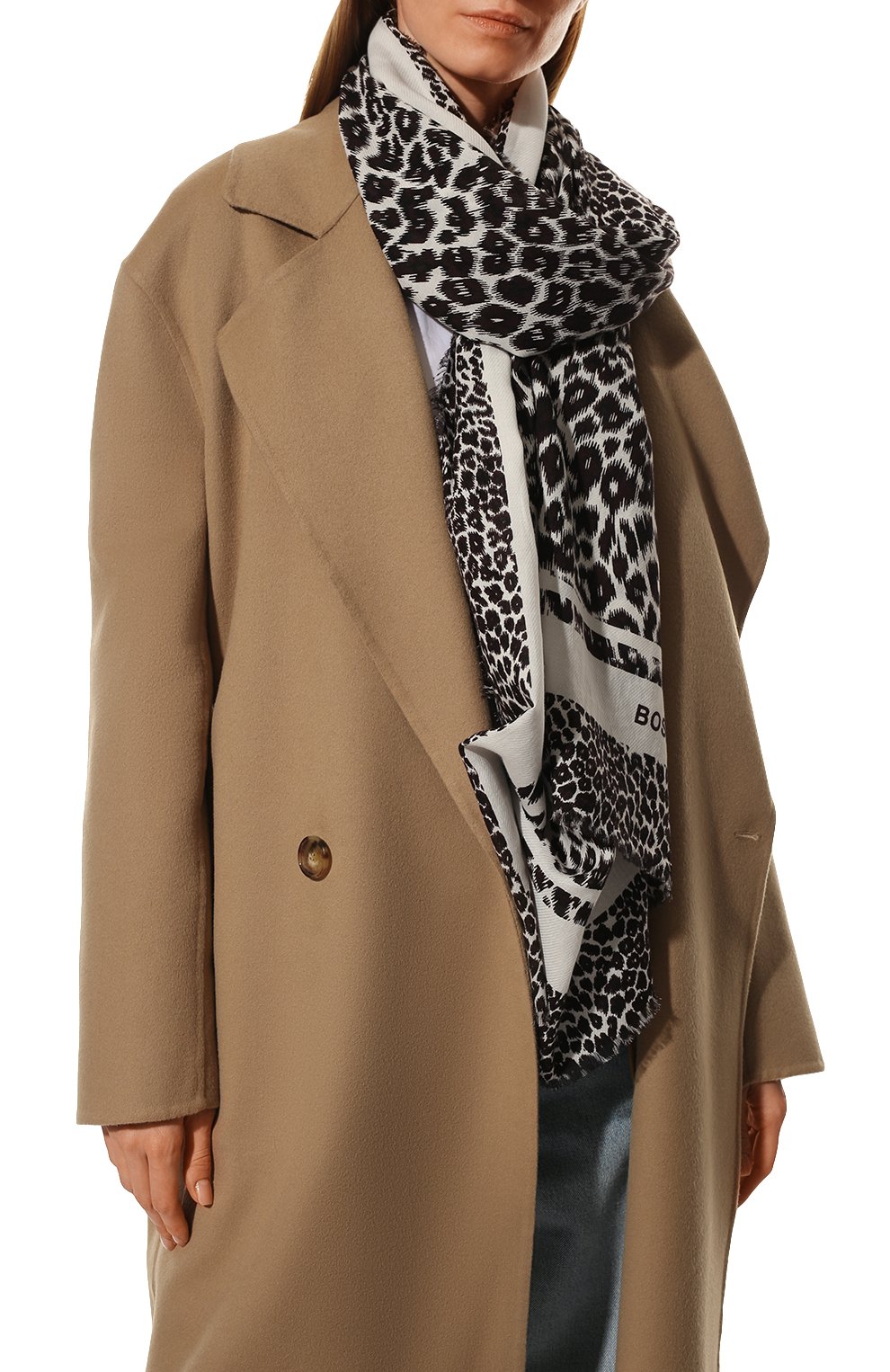 Женский шарф BOSS леопардового цвета, арт. 50469215 | Фото 3 (Материал: Текстиль, Хлопок)